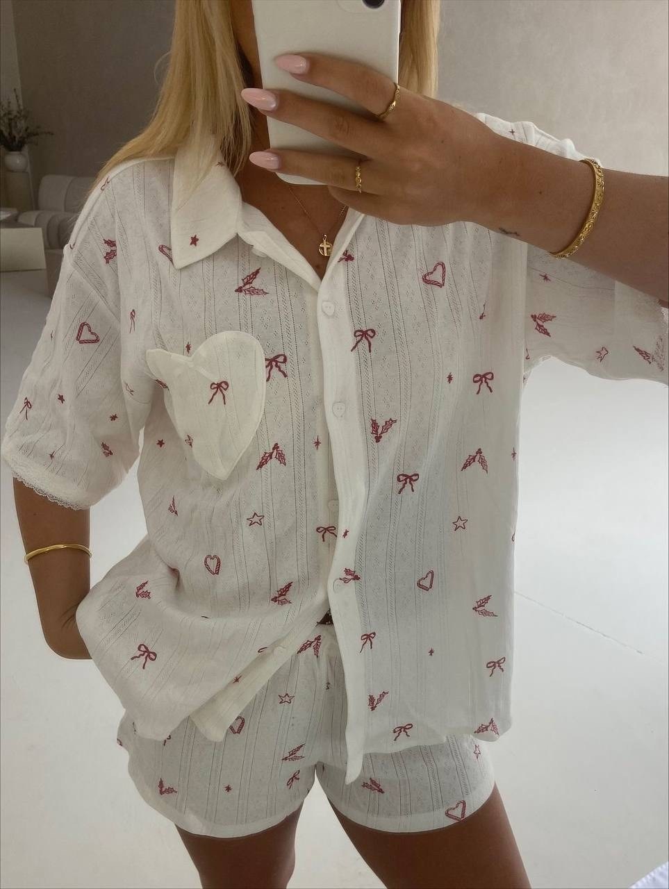 муслиновая пижама с шортами и рубашкой домашняя moonlight,пижама в сердечко женская,женская пижама,муслиновая пижама с шортами и рубашкой,пижама с принтом