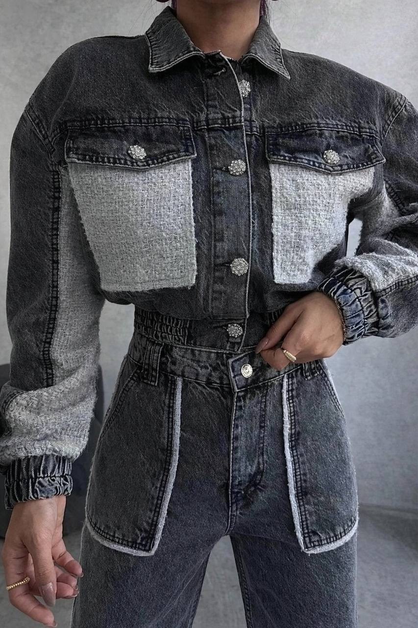 джинсовая куртка комбинированная,джинсовая куртка,стильная джинсовая куртка,женская джинсовая куртка,костюм женский