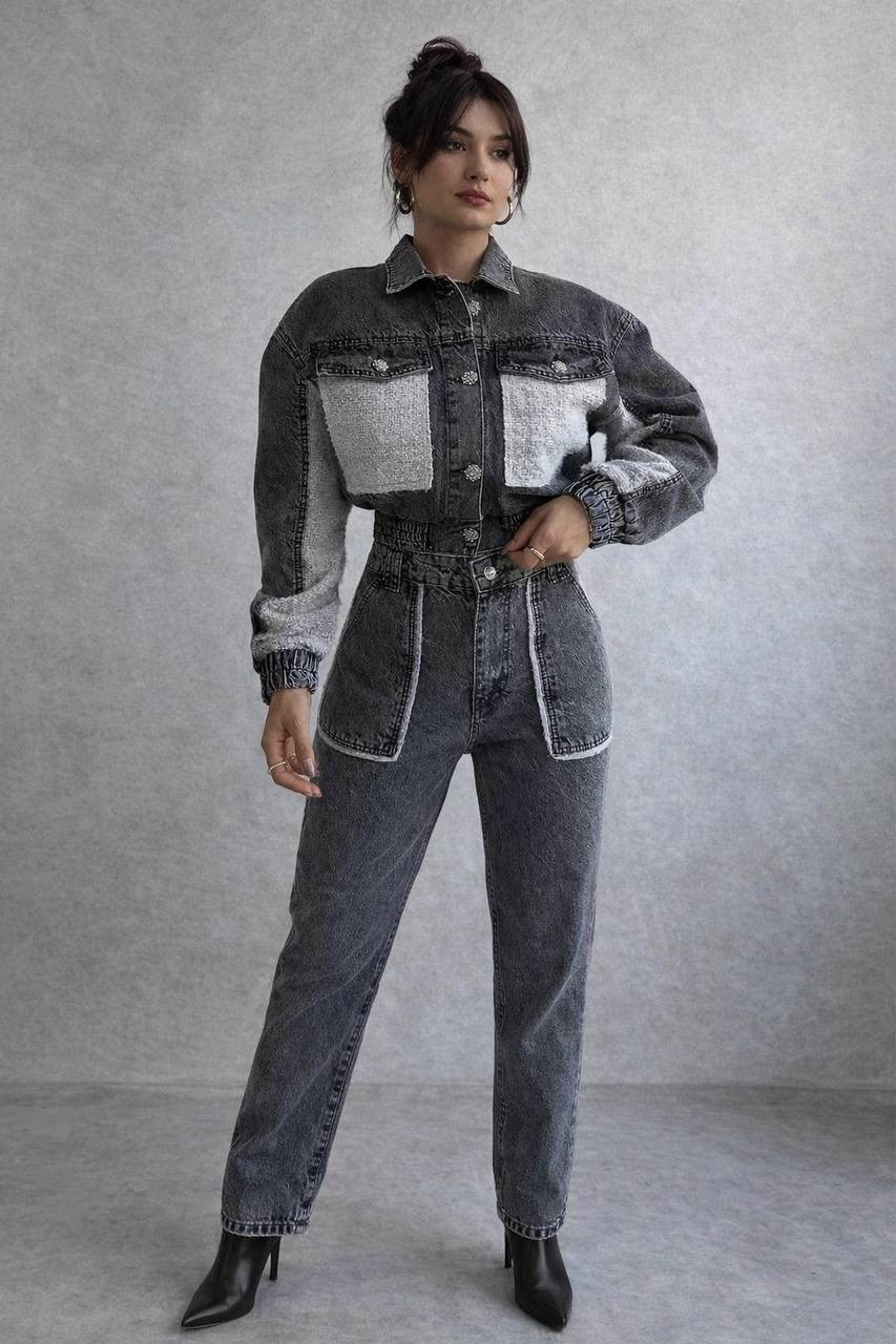 джинсовая куртка комбинированная,джинсовая куртка,стильная джинсовая куртка,женская джинсовая куртка,костюм женский