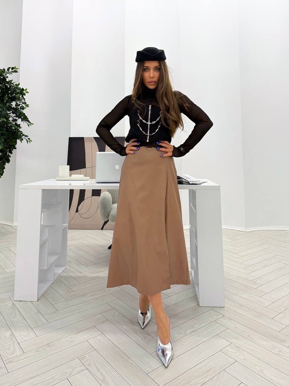 юбка миди кожаная,юбка,юбка кожаная миди с разрезом,юбка из экокожи,юбка кожаная миди с разрезом round&round