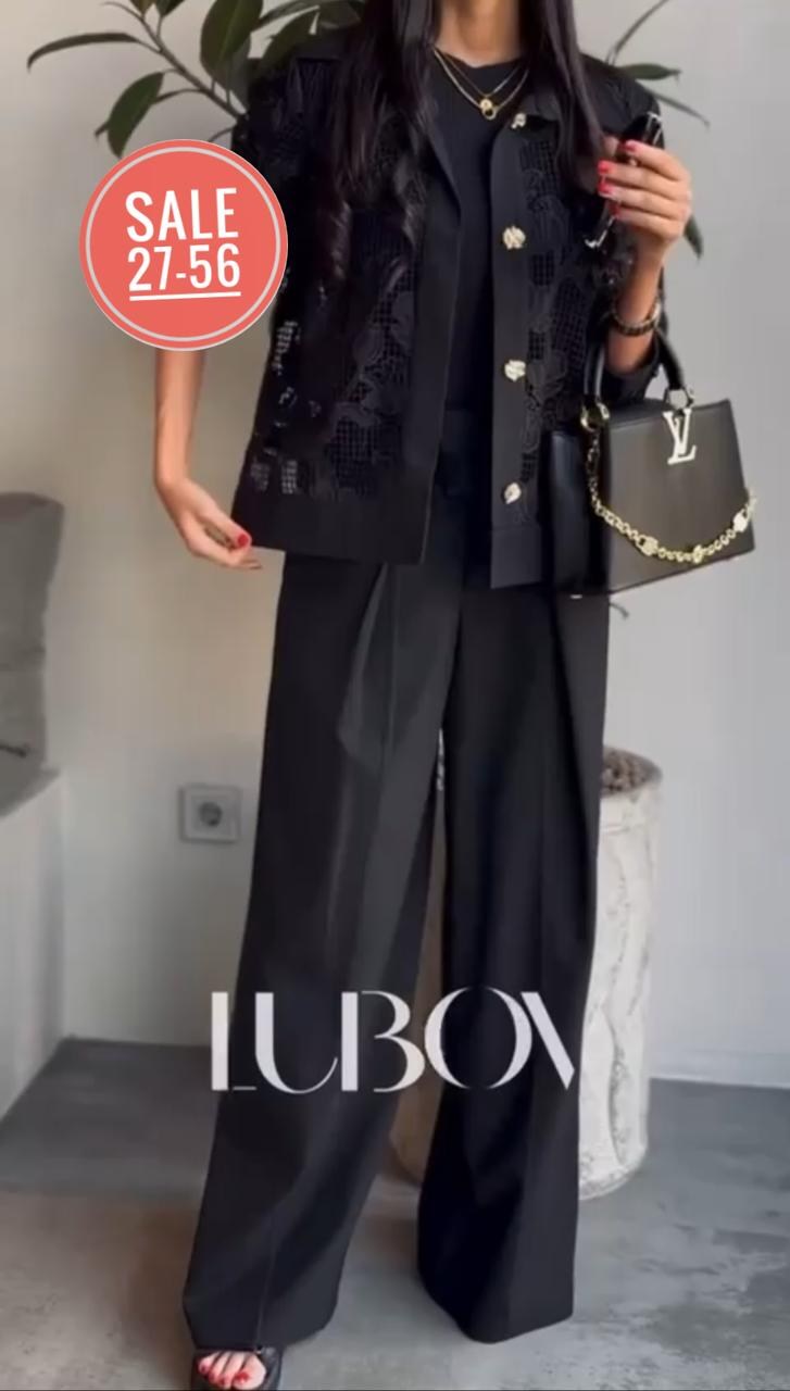 костюм женский с брюками палаццо,брючный костюм,костюм с брюками палаццо,костюм кроп-жакет+ брюки палаццо,женский брючный костюм брюки палаццо рубашка черный