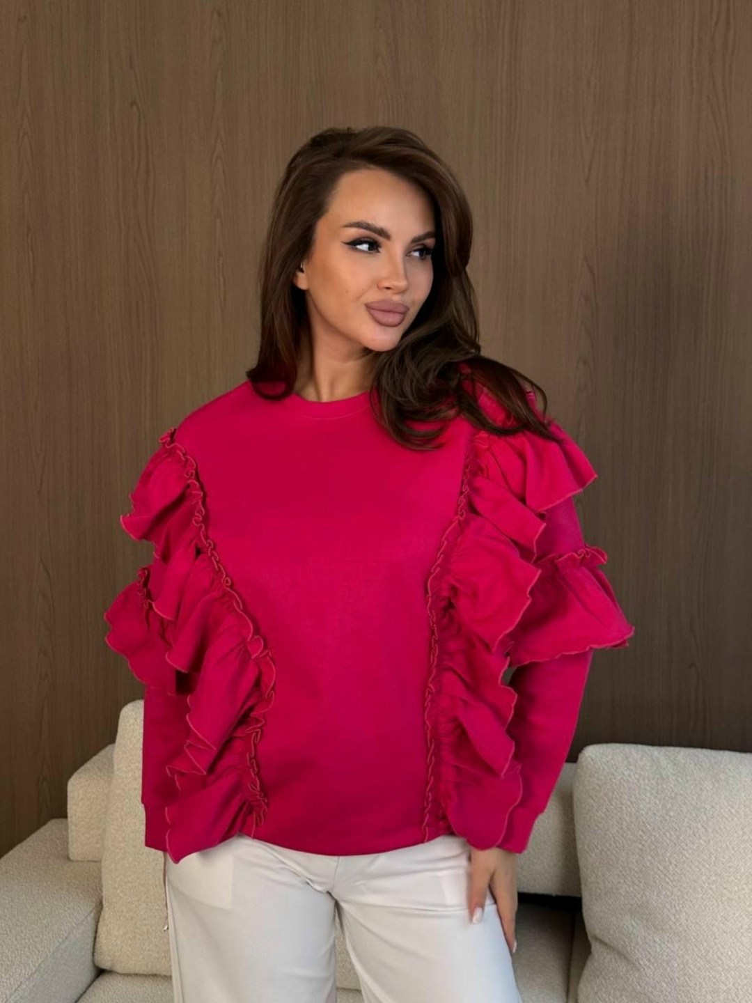 кофта женская,женская блузка,кофта с воланами,свитшот с воланами,свитшот оверсайз с рюшами