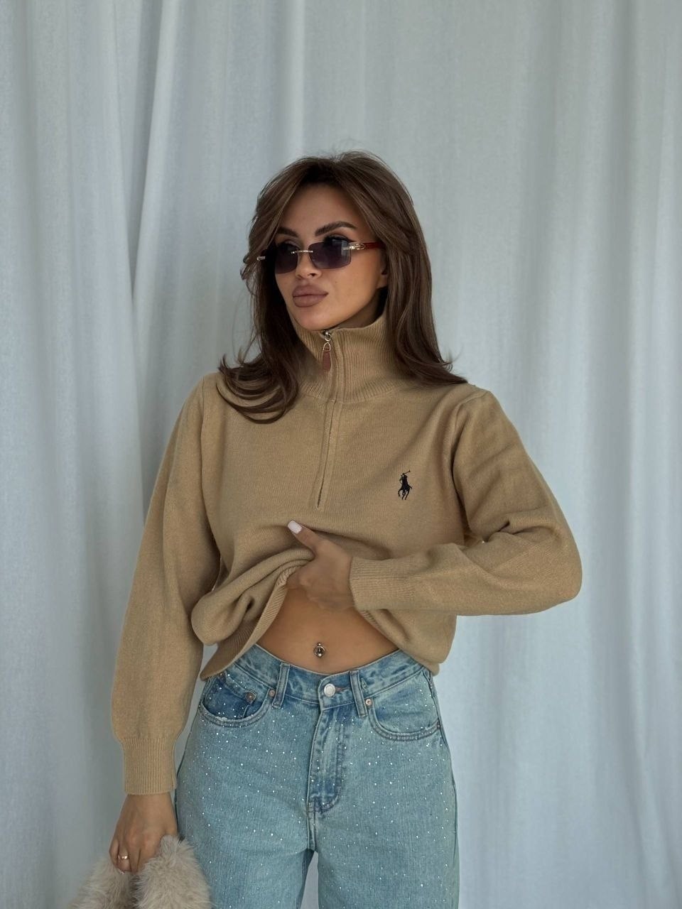 кофта кашемир,свитер polo ralph lauren oversize с молнией корич. 46/m 409424235,женская кофта,ralph lauren кашемировый свитер,свитер кашемир