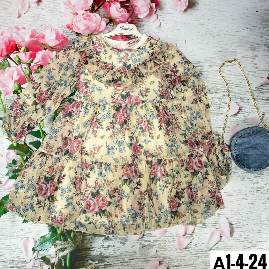 платье для девочки,детские платья повседневные,платье в цветочек для девочки,детское платье с длинным рукавом,платье детское minaku cotton collection, бежевое в цветочек