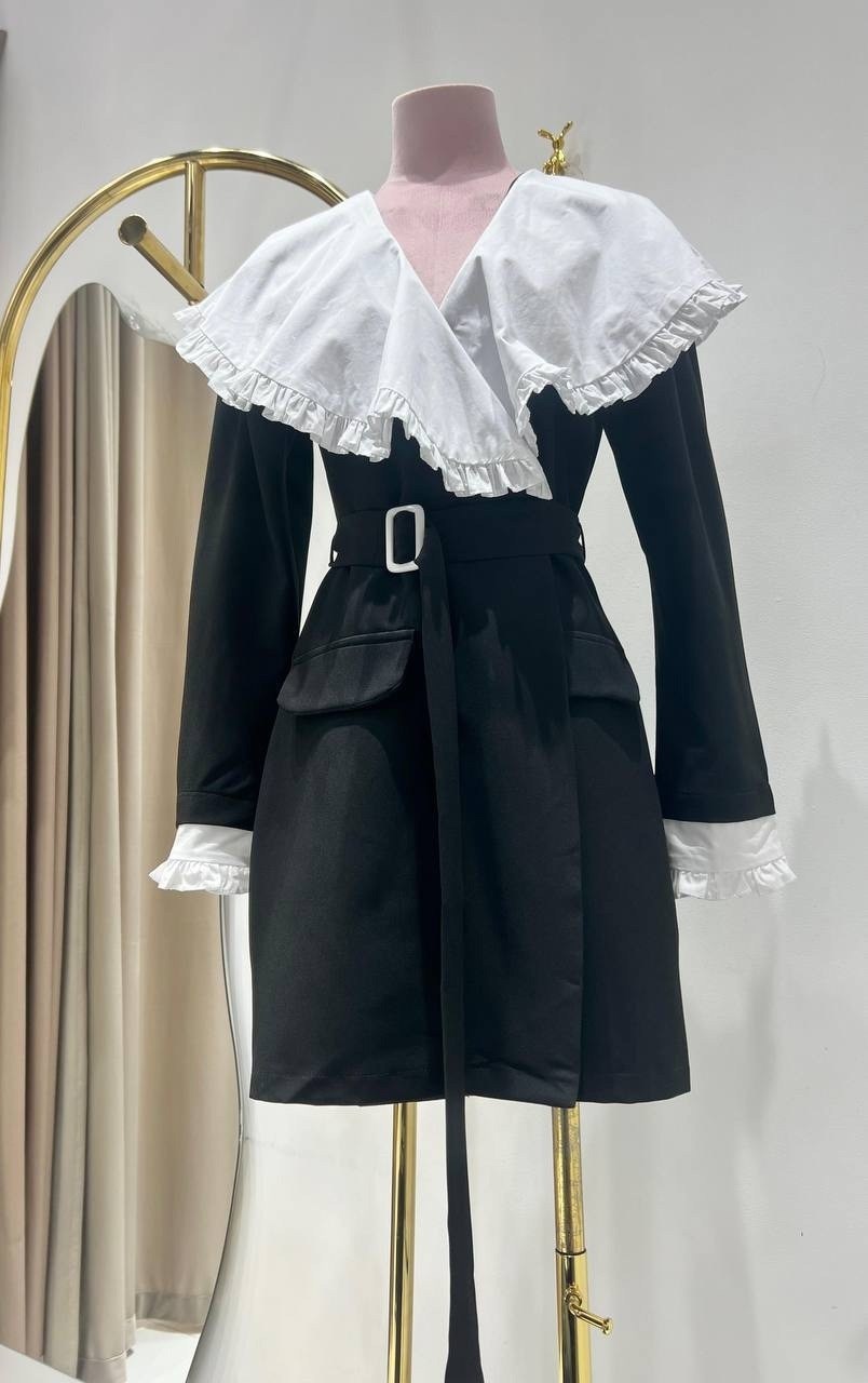 платье модное,платье с рюшами,черное платье с белым воротником,платье короткое женское черное с белым воротничком