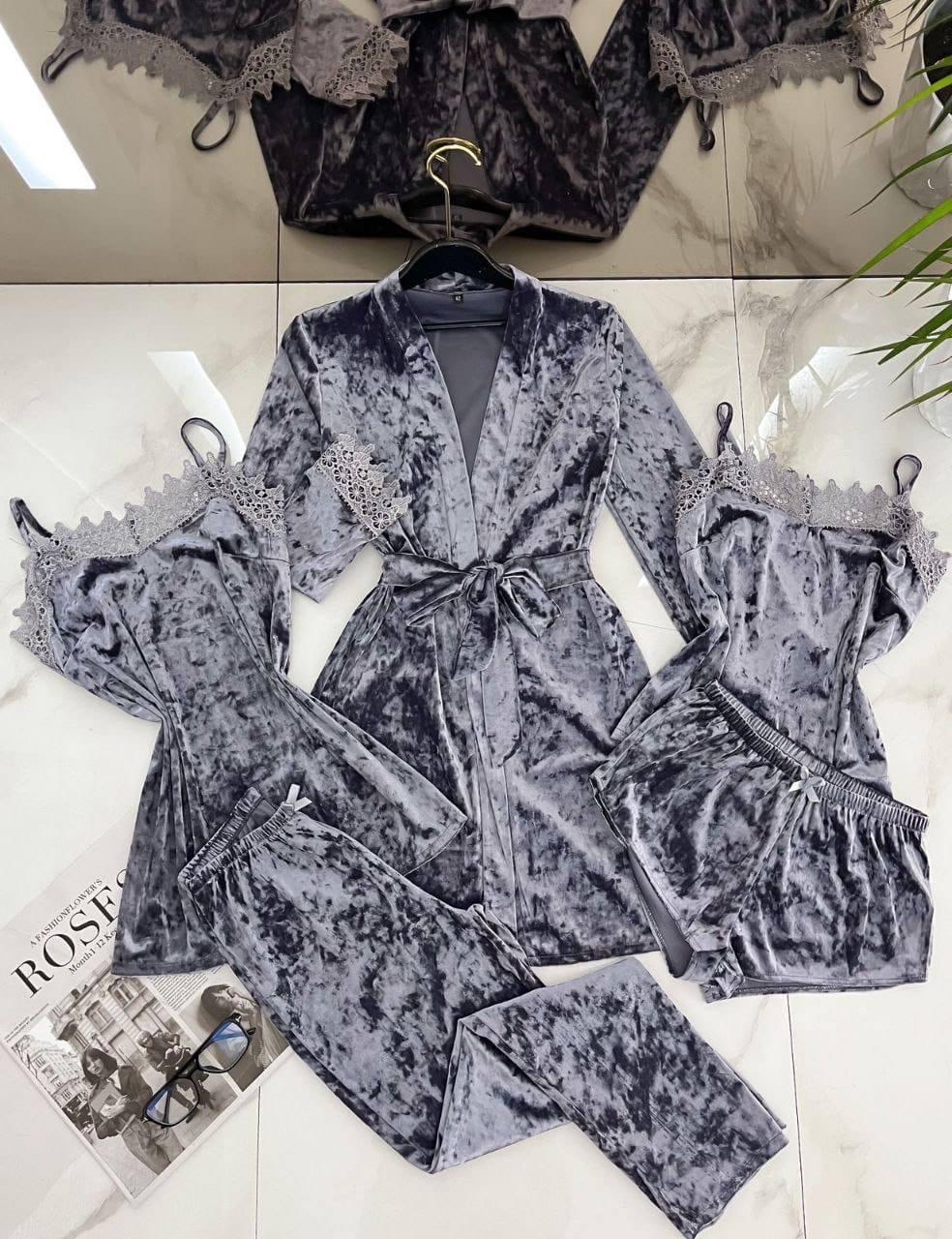 комплект пижамный тройка велюр,женские пижамы из бархата,пижама бархат,пижама велюр,комплект пижам 5 в 1