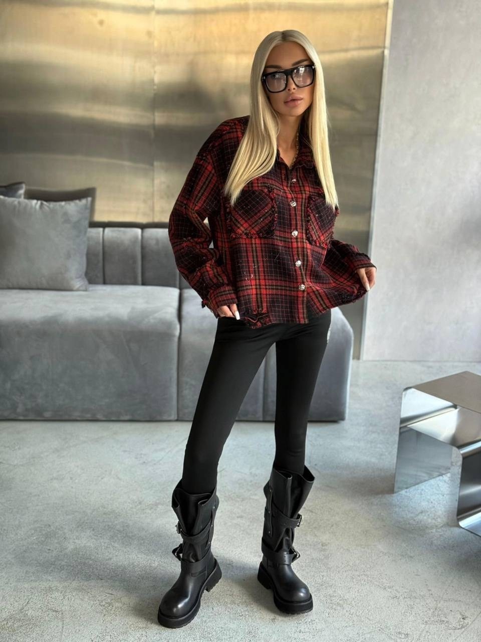рубашка в клетку оверсайз со стразами perferita,рубашка в клетку женская оверсайз,рубашка твид,рубашка,женская рубашка в клетку