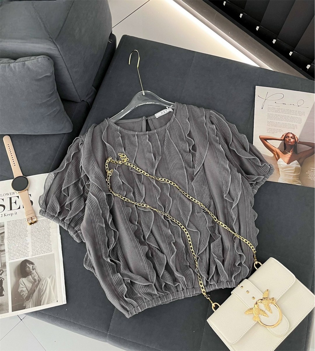 плиссированная блузка,женская шифоновая блузка с оборками,блузка с оборками,шифоновая блузка,блузка с плиссированными рукавами