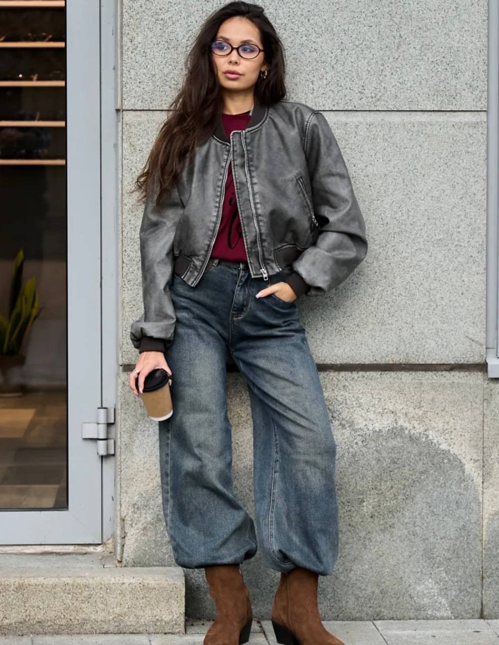 кожаная куртка,модные джинсы,куртка женская