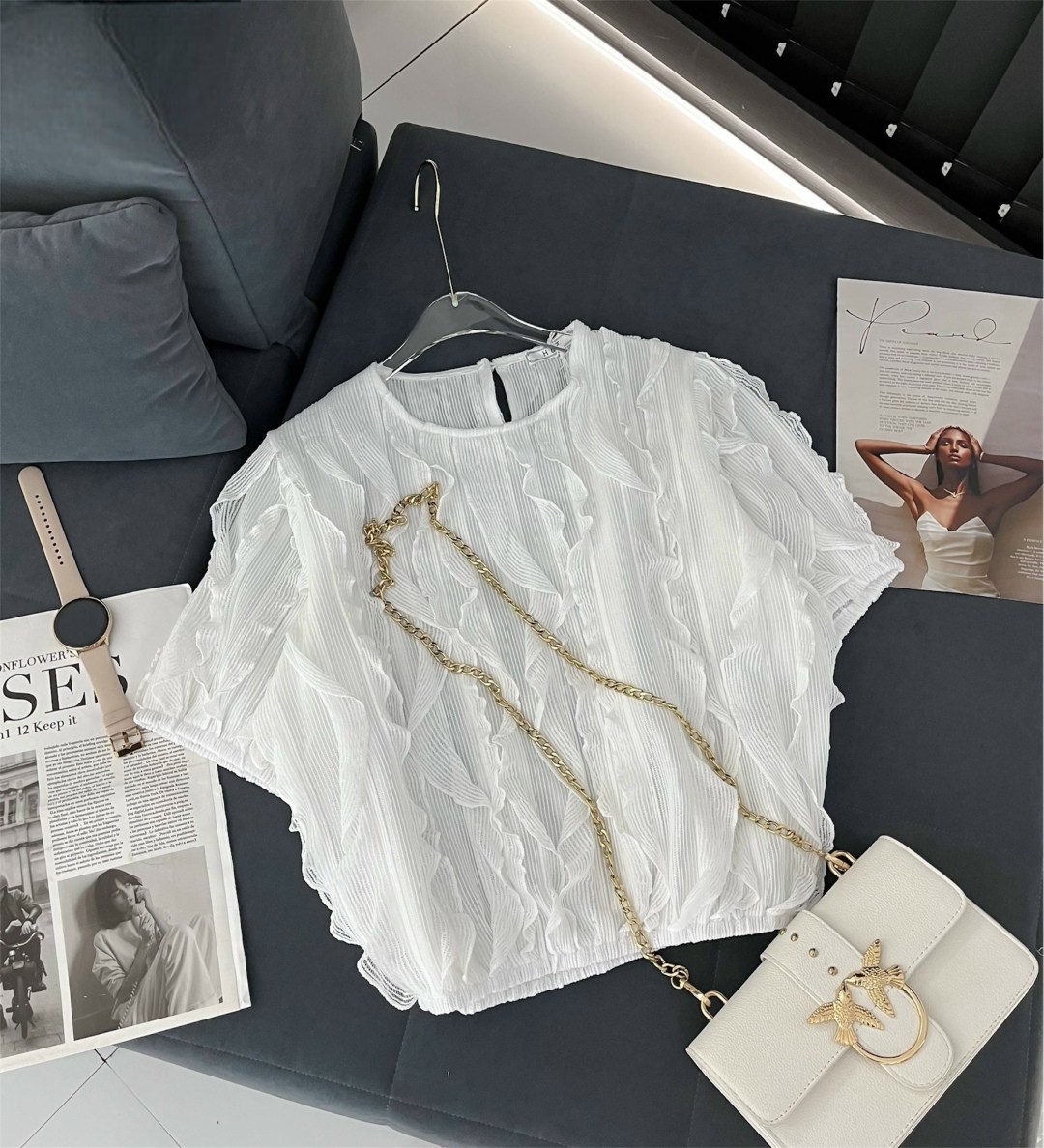 плиссированная блузка,женская шифоновая блузка с оборками,блузка с оборками,шифоновая блузка,блузка с плиссированными рукавами