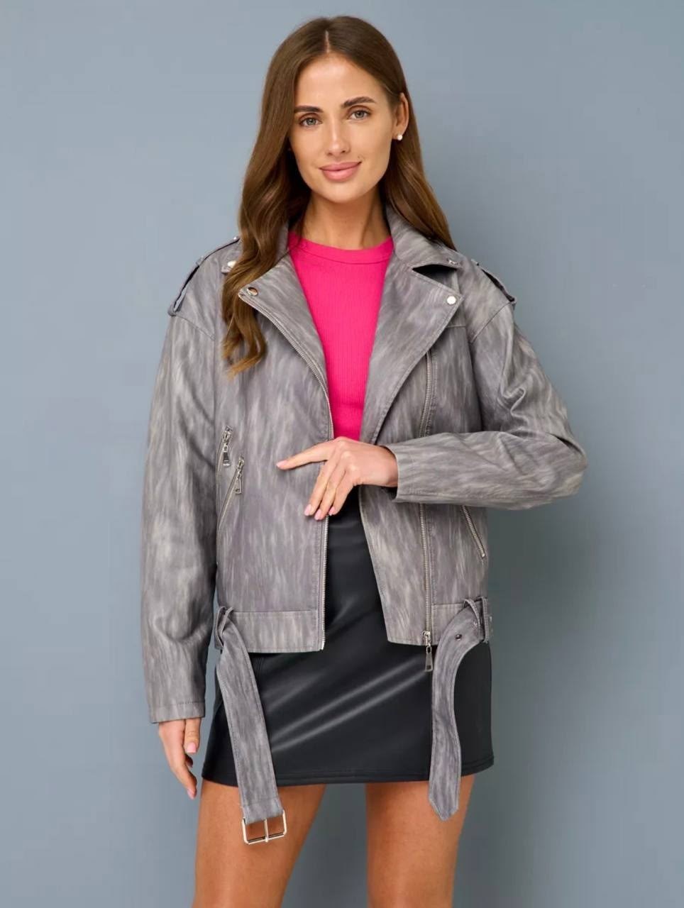 косуха оверсайз кожаная куртка серая винтажная aftfbasic,куртка косуха женская,куртка косуха,куртка кожаная,женская серая кожаная оверсайз куртка косуха