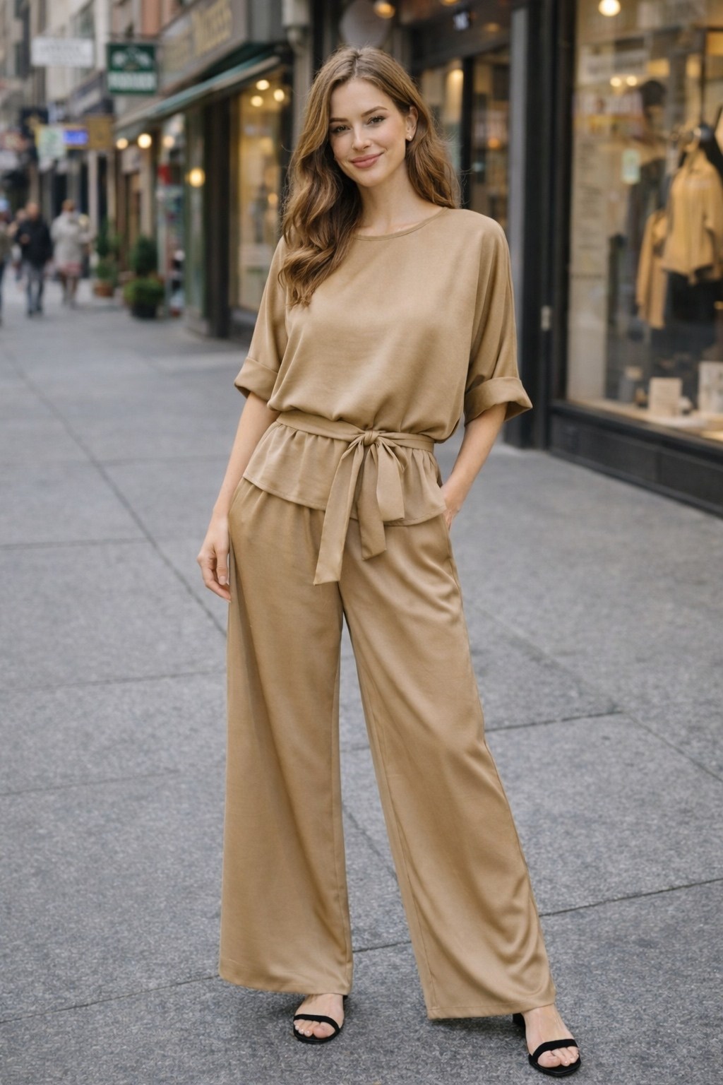 шелковый костюм брючный bloom&be,брючный костюм,костюм с брюками палаццо,костюм свободного кроя из блузки и брюк-палаццо zesse,брючный летний костюм с широкими брюками
