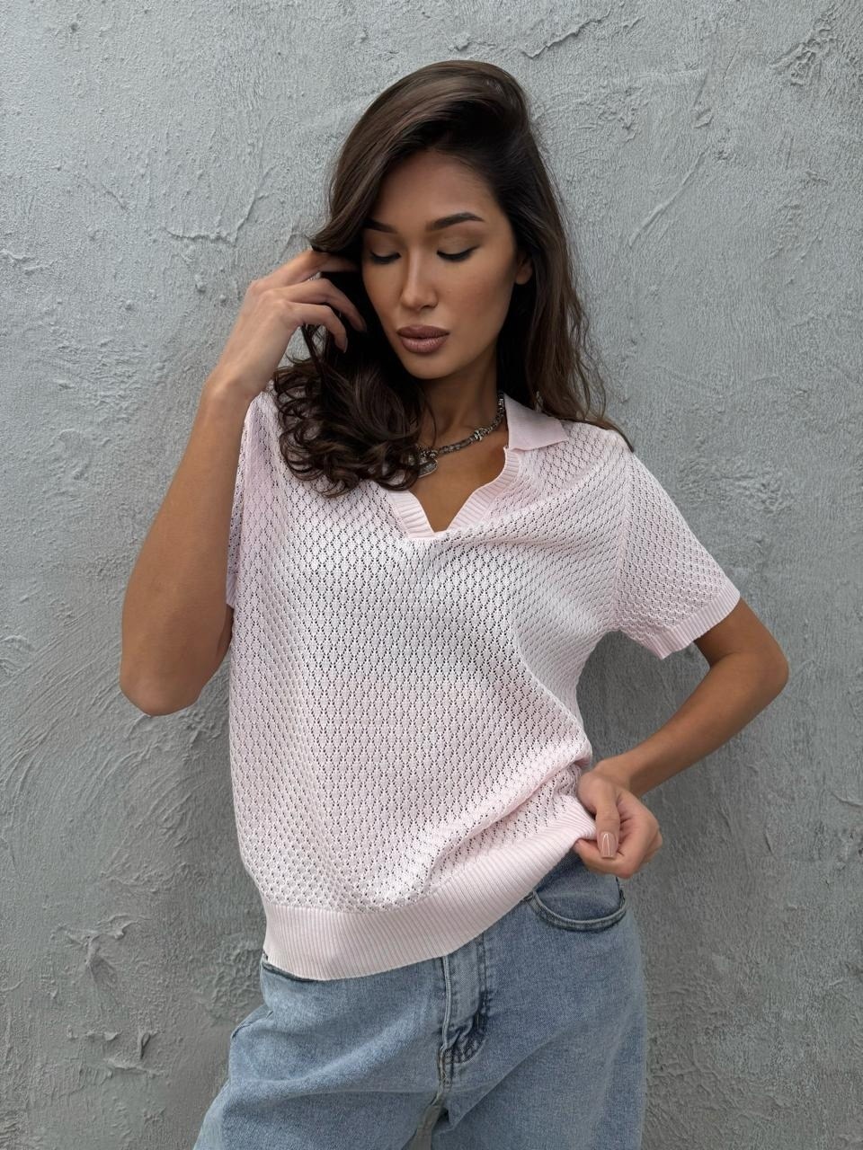 женская вязаная футболка-поло,вязаная футболка,женская вязаная футболка-поло happyfox,женская вязаная футболка-поло happy fox,женские джемпера