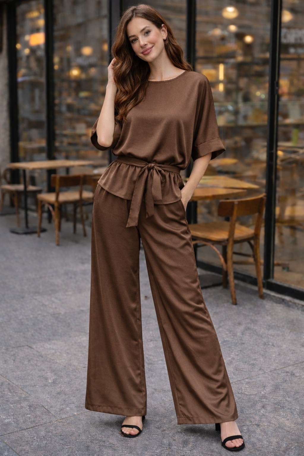 шелковый костюм брючный bloom&be,брючный костюм,костюм с брюками палаццо,костюм свободного кроя из блузки и брюк-палаццо zesse,брючный летний костюм с широкими брюками