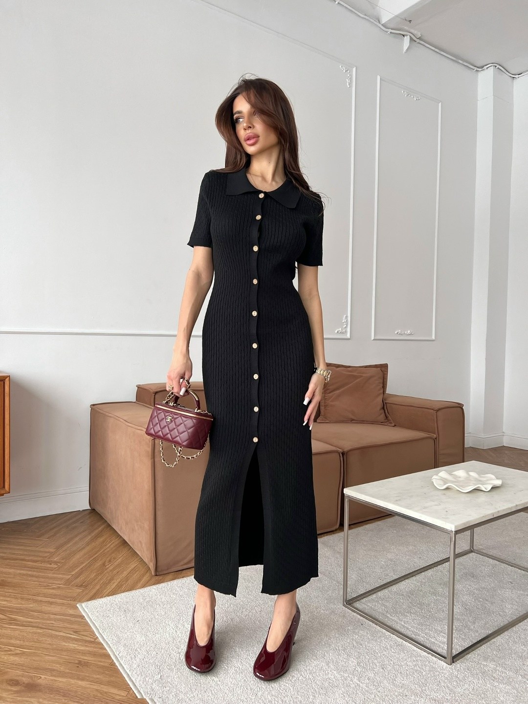 трикотажное платье,стильное платье,коричневое платье,трикотажное платье с воротником,трикотажное платье женское