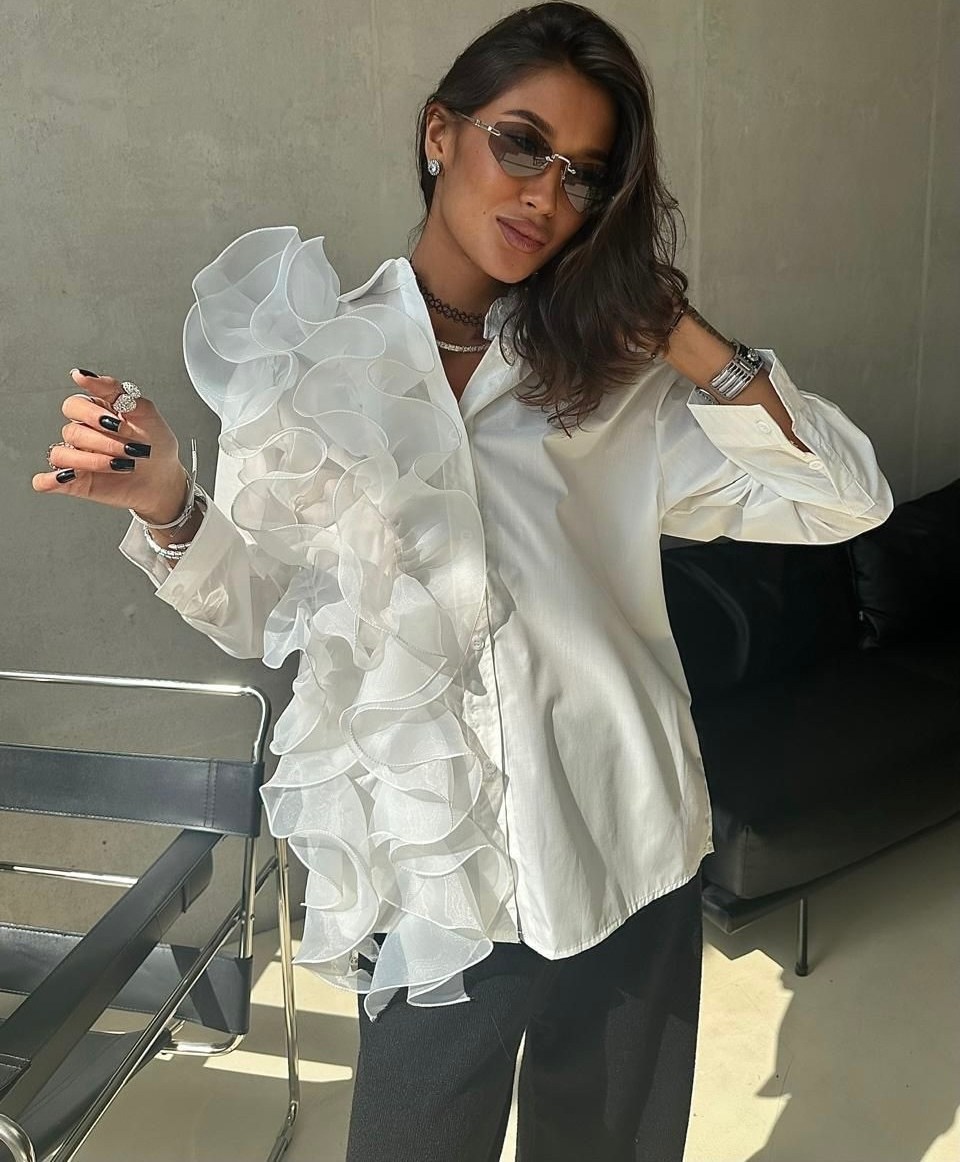 блузка с оборками,рубашка с оборками,рубашка с рюшами,модная белая блузка,блузка ларс стиль 1057 белый