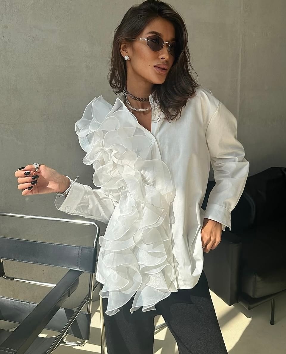 нарядная блузка с воланами и рюшами рубашка удлиненная,блузка с оборками,блузка с воланом,рубашка с оборками,женская блуза