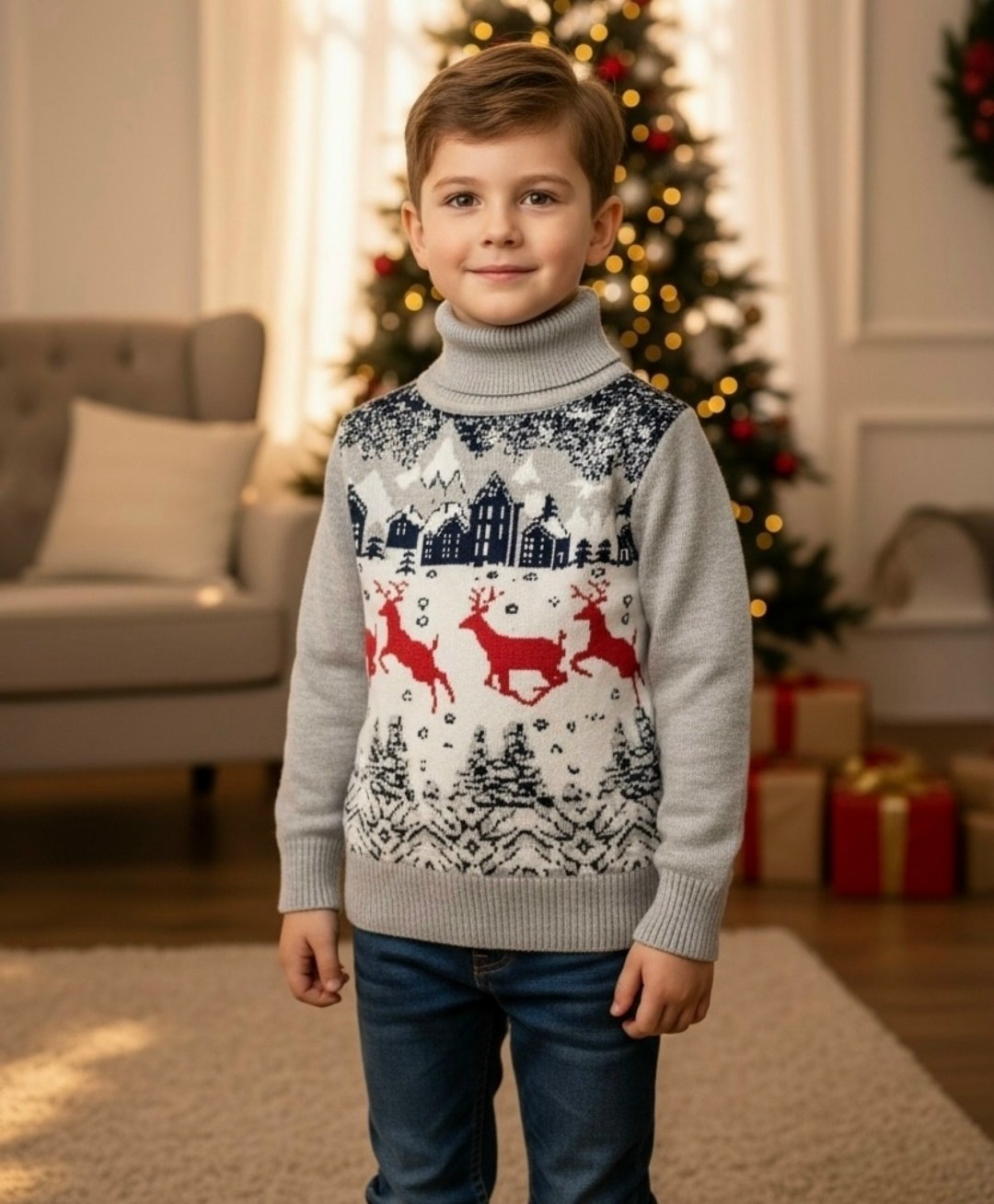 детский свитер с оленями и домиками для мальчиков pulltonic,dvora свитер с оленями/новогодний/детский,детский рождественский свитер для мальчиков pulltonic,свитер новогодний с горлом вязаный с оленями