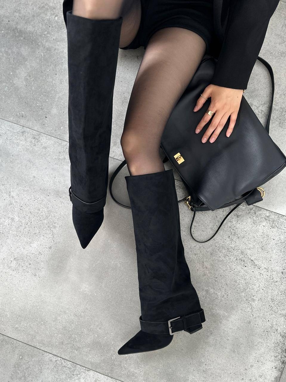 замшевые сапоги,высокие сапоги,сапоги,сапоги женские,сапоги с отворотом на каблуке el monti цвет черный