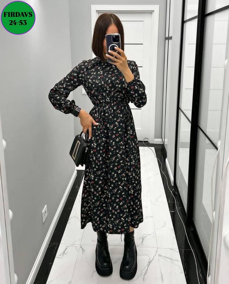 платье женское,платье женское черное в цветочек с длинным рукавом,платье ,модные платья 2026,женское платье миди