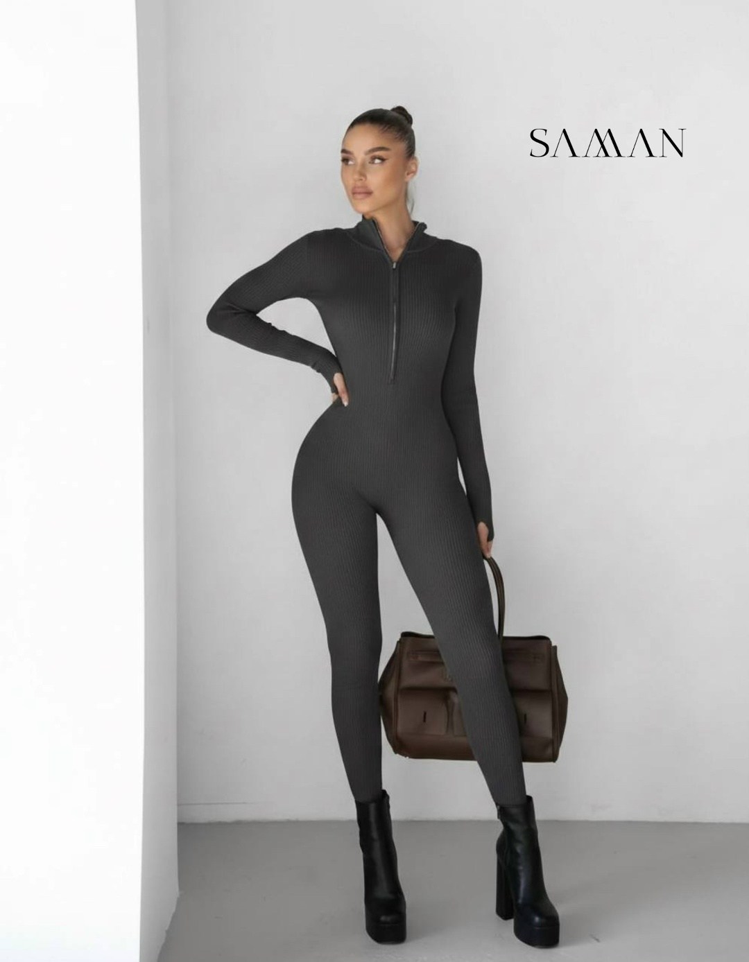 комбинезон спортивный,комбинезон женский,трикотажный комбинезон,комбинезон,женский однотонный облегающий комбинезон на молнии с круглым вырезом и длинными рукавами