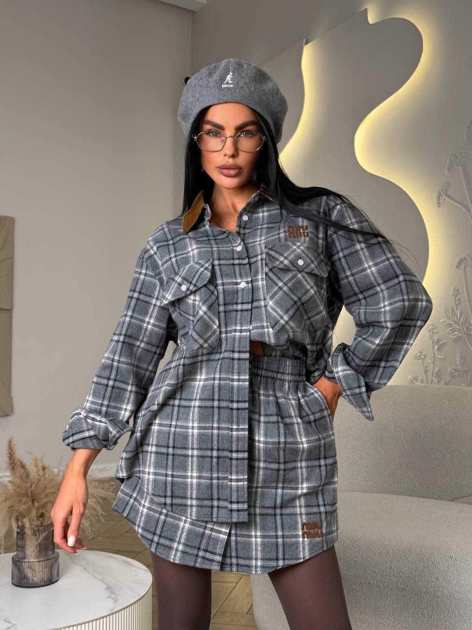 костюм в клетку рубашка оверсайз и юбка,костюм с юбкой и рубашкой,женский костюм с юбкой,костюм юбка с рубашкой в клетку baki clo 252953107,рубашка с юбкой