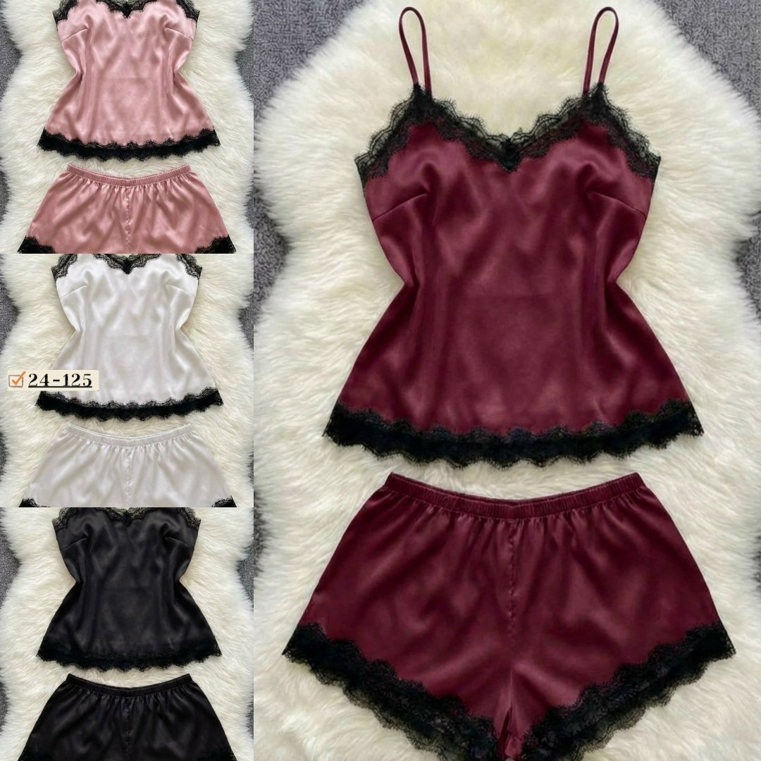 пижама женская,пижама женская топ и шорты,пижама женская топ,женская шелковая пижама топ и шорты с кружевом в черном цвете,пижама комплект женская