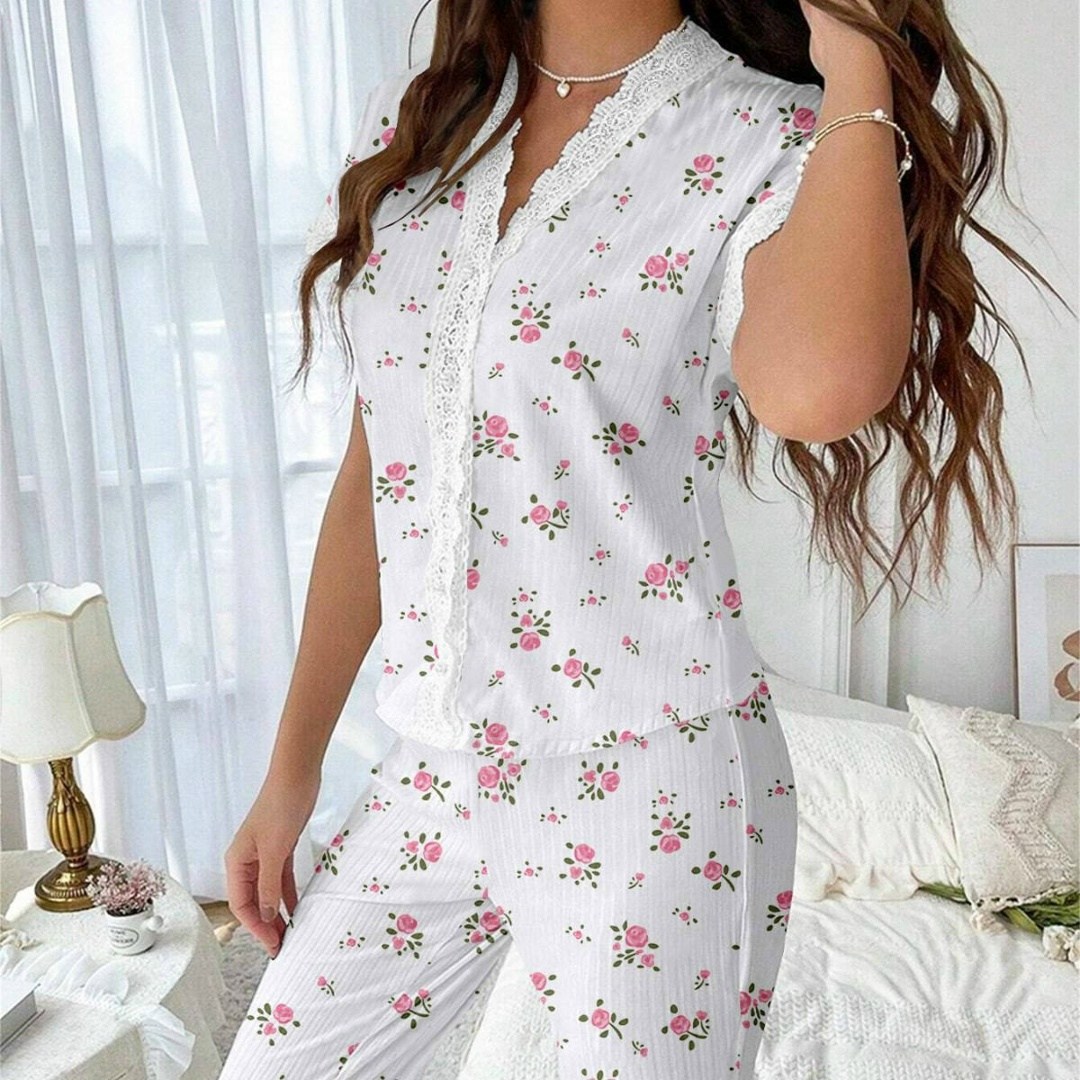 новый женский пижамный комплект с вишневым принтом,женская элегантная пижама с принтом вишни,женская пижама,пижама для женщин,весенне-летний пижамный комплект для женщин с кружевной отделкой и принтом