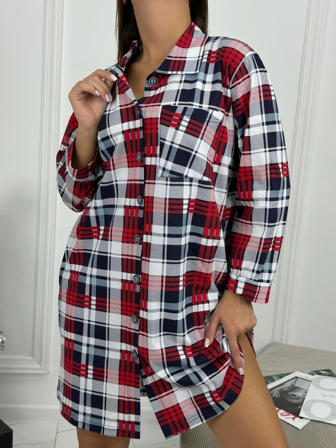 рубашка туника женская,рубашка туника,халат 21532 натали синяя клетка,женская рубашка,женская рубашка в клетку