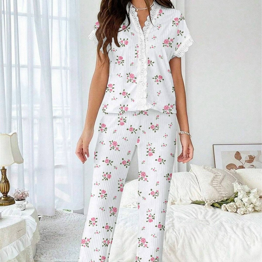 новый женский пижамный комплект с вишневым принтом,женская элегантная пижама с принтом вишни,женская пижама,пижама для женщин,весенне-летний пижамный комплект для женщин с кружевной отделкой и принтом