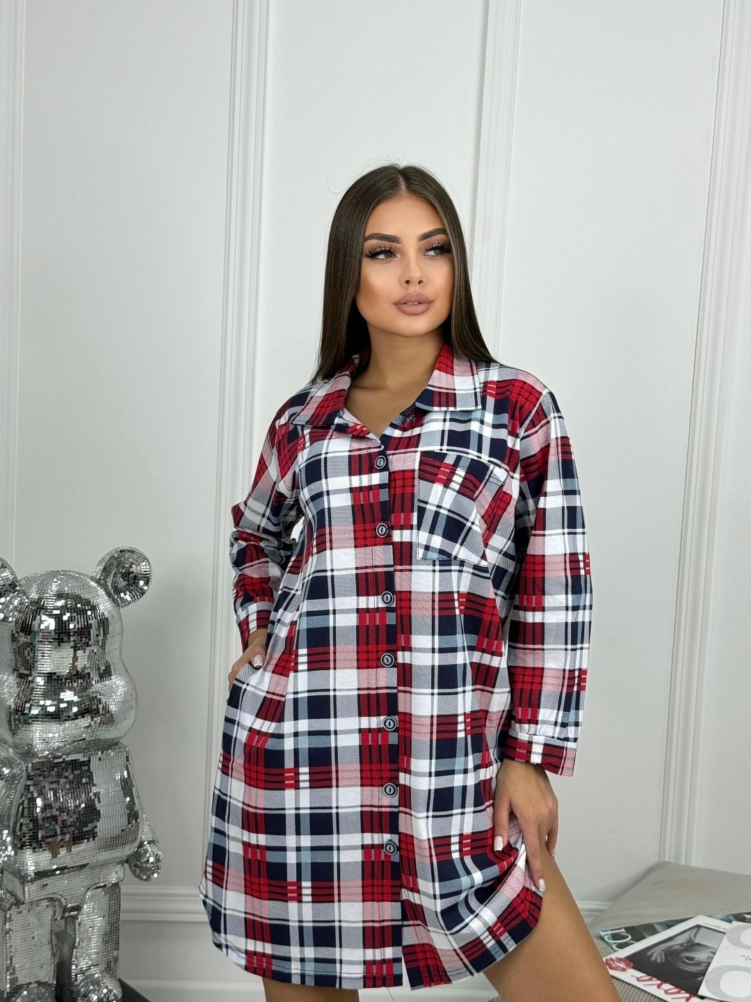 рубашка туника женская,рубашка туника,халат 21532 натали синяя клетка,женская рубашка,женская рубашка в клетку