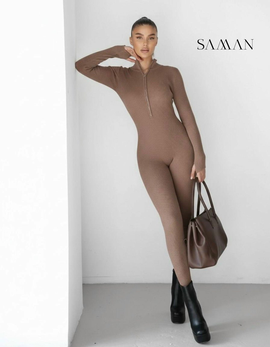 комбинезон спортивный,комбинезон женский,трикотажный комбинезон,комбинезон,женский однотонный облегающий комбинезон на молнии с круглым вырезом и длинными рукавами