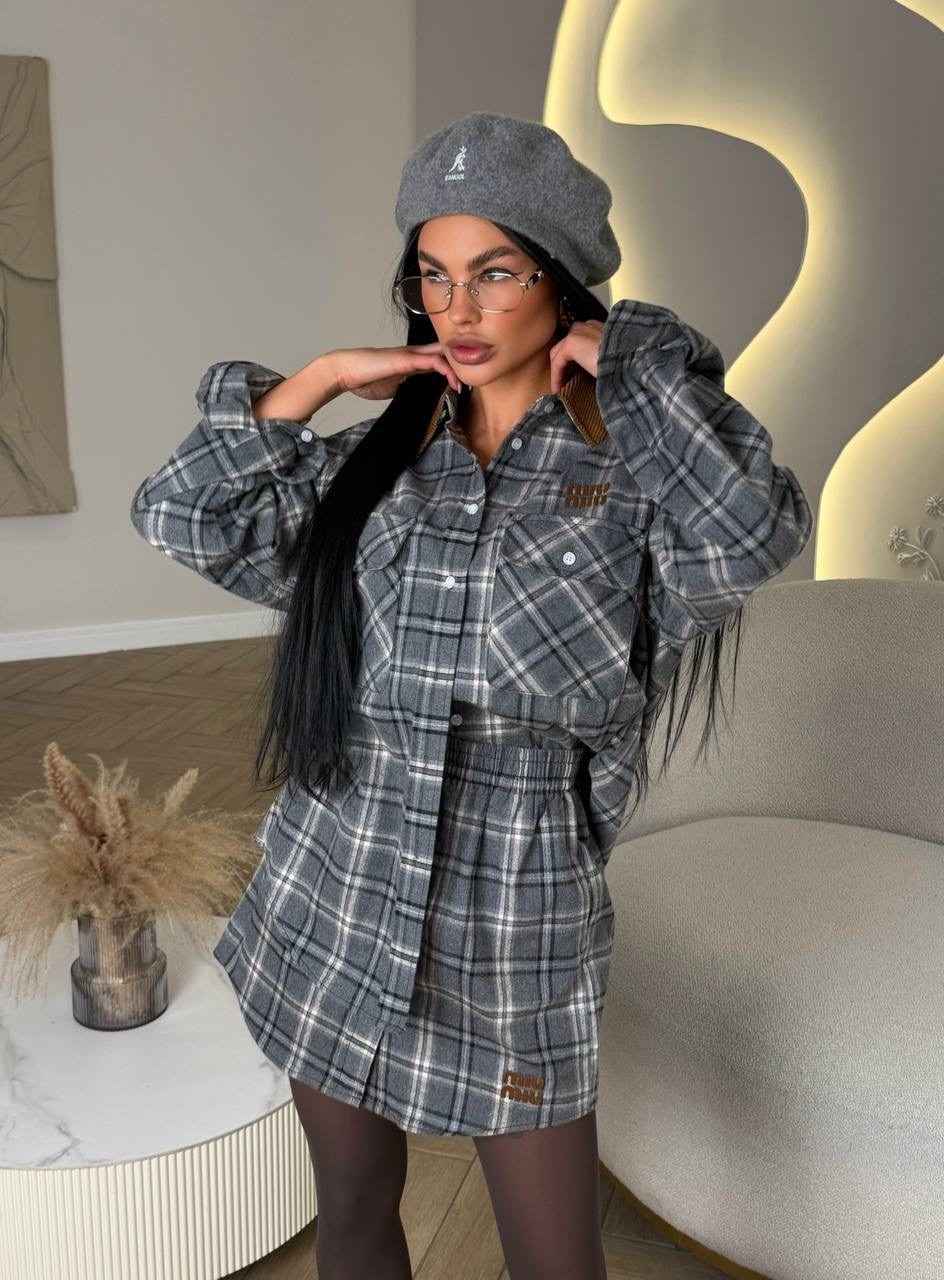 костюм в клетку рубашка оверсайз и юбка,костюм с юбкой и рубашкой,женский костюм с юбкой,костюм юбка с рубашкой в клетку baki clo 252953107,рубашка с юбкой