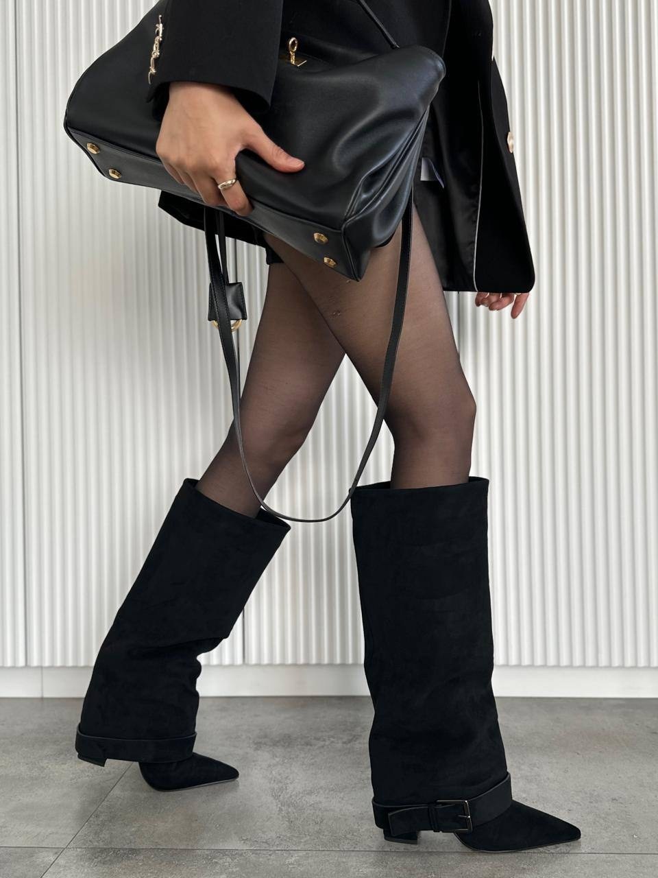 замшевые сапоги,высокие сапоги,сапоги,сапоги женские,сапоги с отворотом на каблуке el monti цвет черный