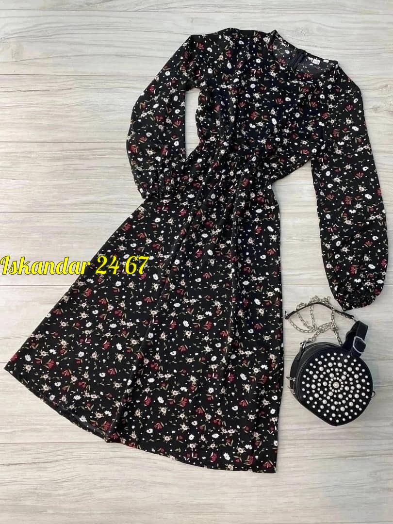 платье женское,платье ,платье женское черное в цветочек с длинным рукавом,платье женское прадо,женское платье миди