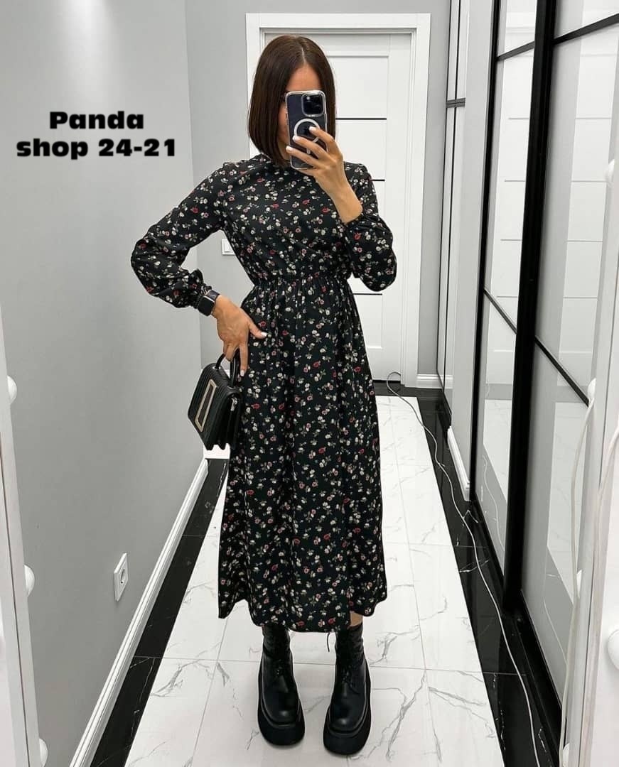 платье женское,платье женское прадо,платье женское черное в цветочек с длинным рукавом,платье ,женское платье миди