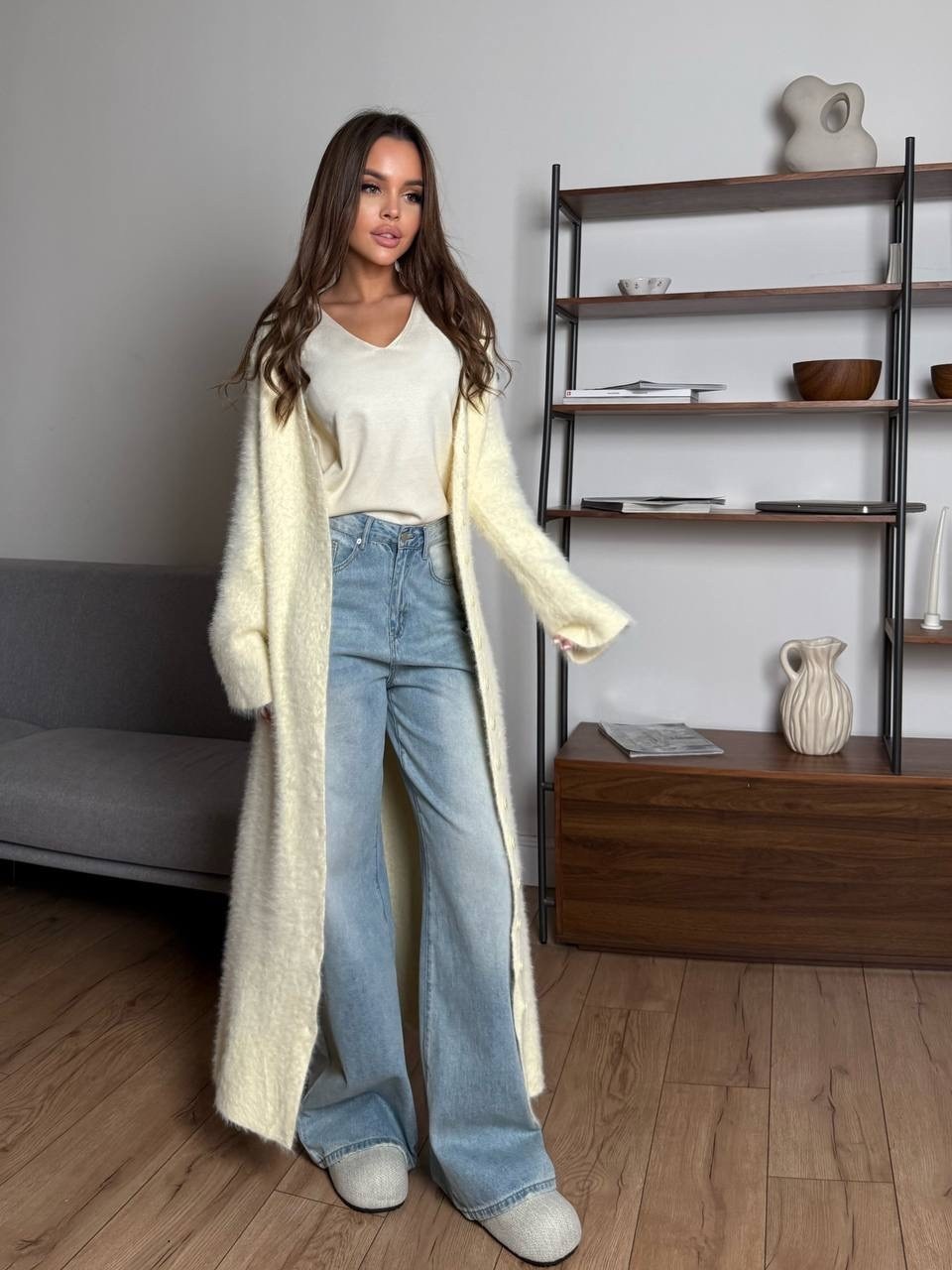 кардиган длинный,кардиган женский длинный,кардиган макси,кардиган стильный,кардиган длинный пушистый оверсайз kinny цвет белый, айвори, молочный