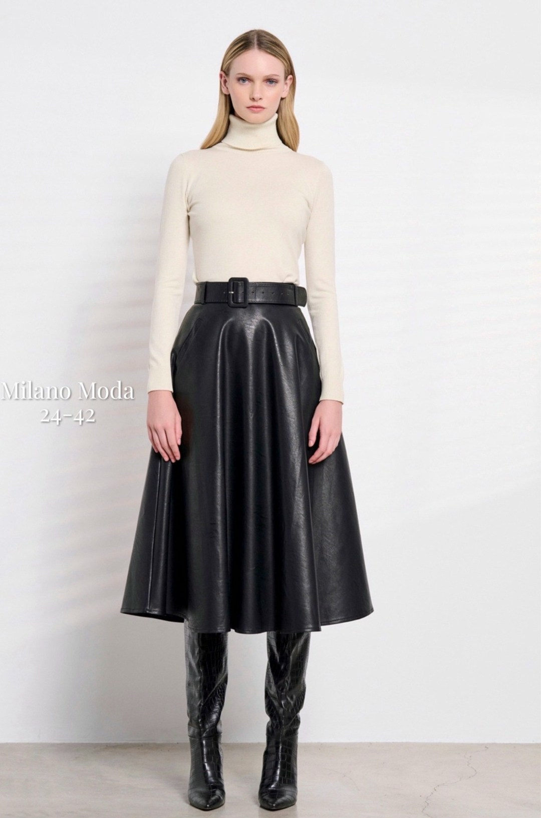 юбка chumakova 24 черный размер 42-52,юбка полусолнце из экокожи с карманами и поясом chumakova fashion,юбка chumakova 24 черный,кожаная юбка,юбка кожаная миди