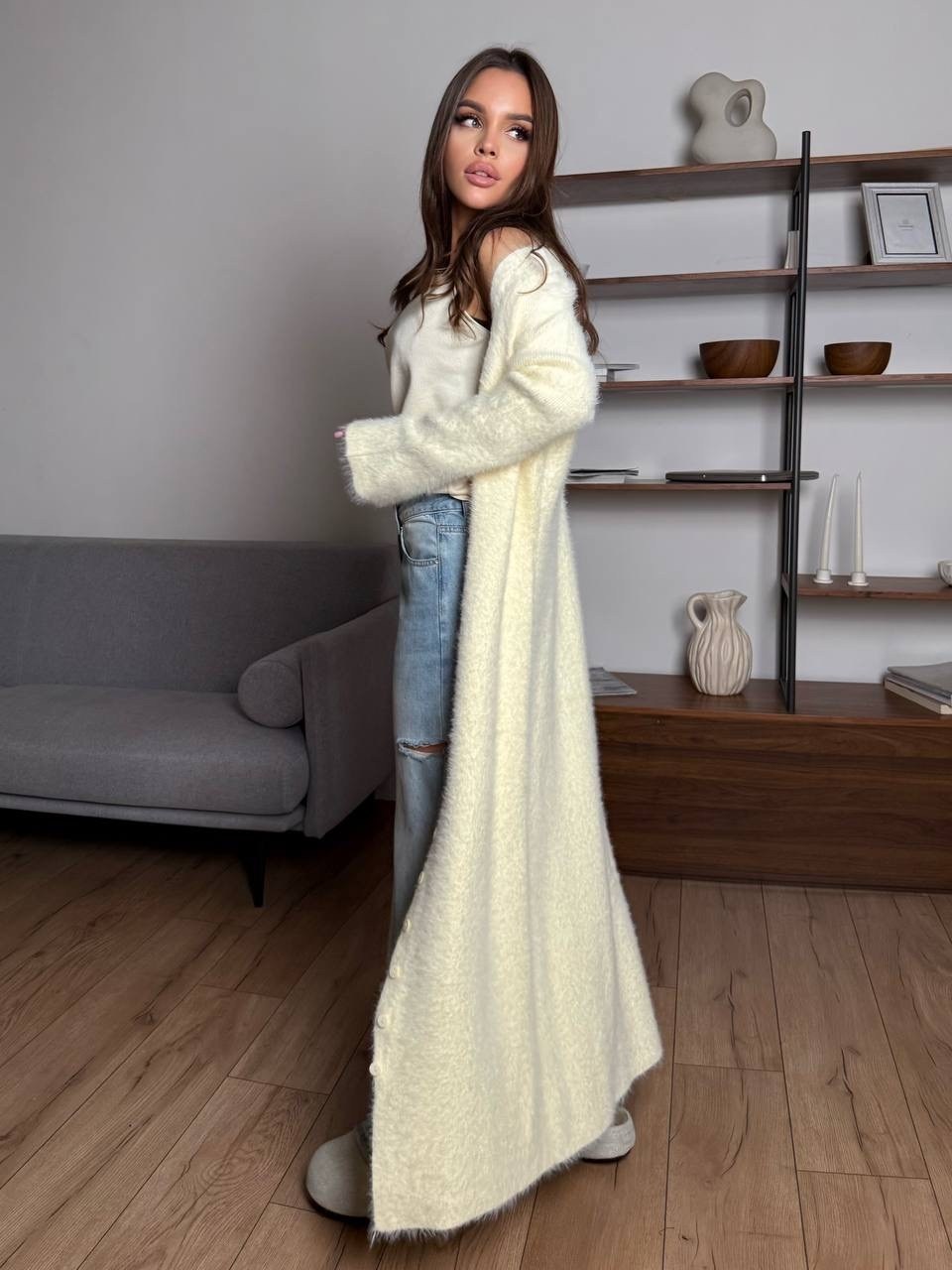 кардиган длинный,кардиган женский длинный,кардиган макси,кардиган стильный,кардиган длинный пушистый оверсайз kinny цвет белый, айвори, молочный