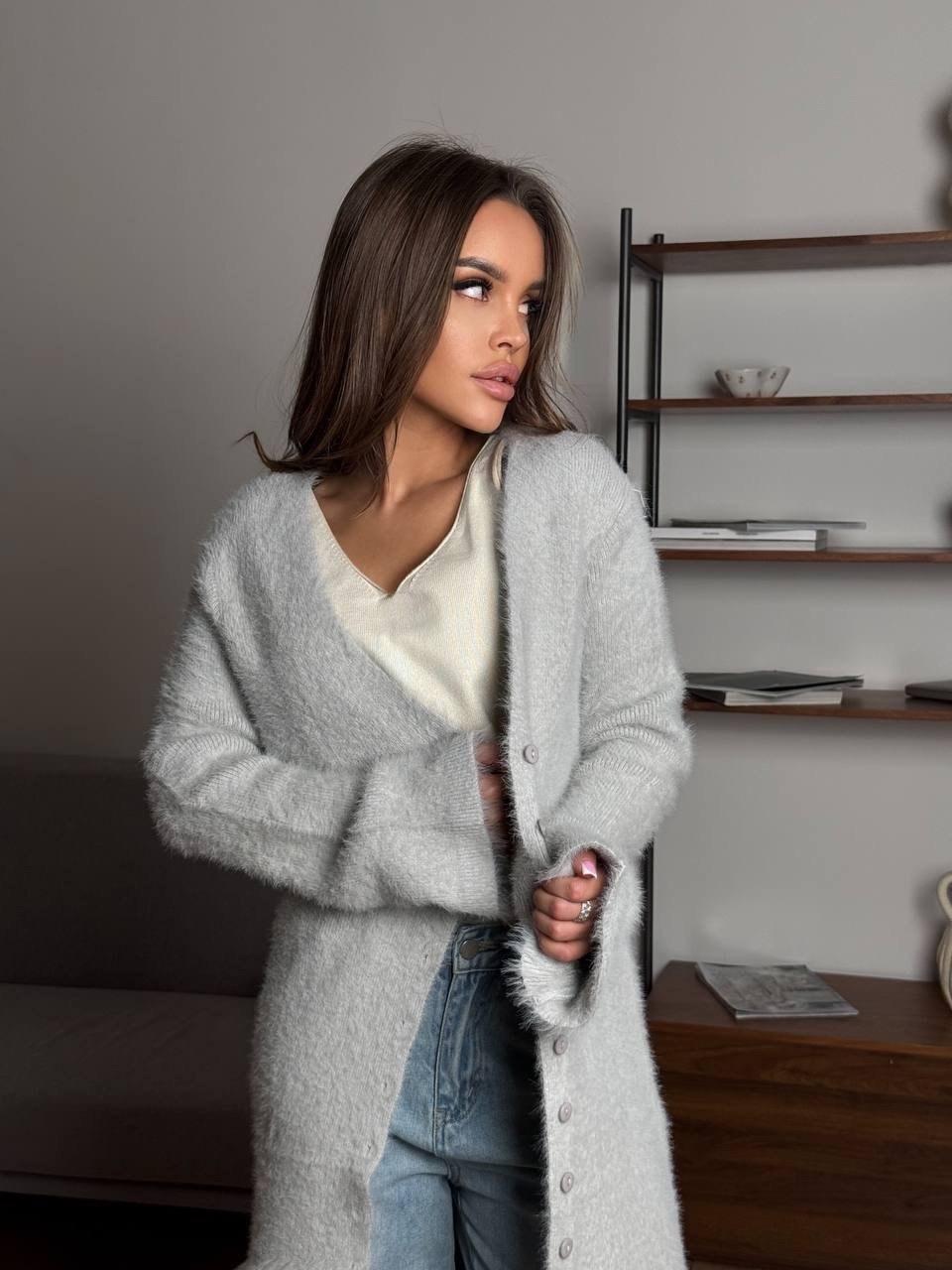 кардиган длинный,кардиган женский длинный,кардиган макси,кардиган стильный,кардиган длинный пушистый оверсайз kinny цвет белый, айвори, молочный