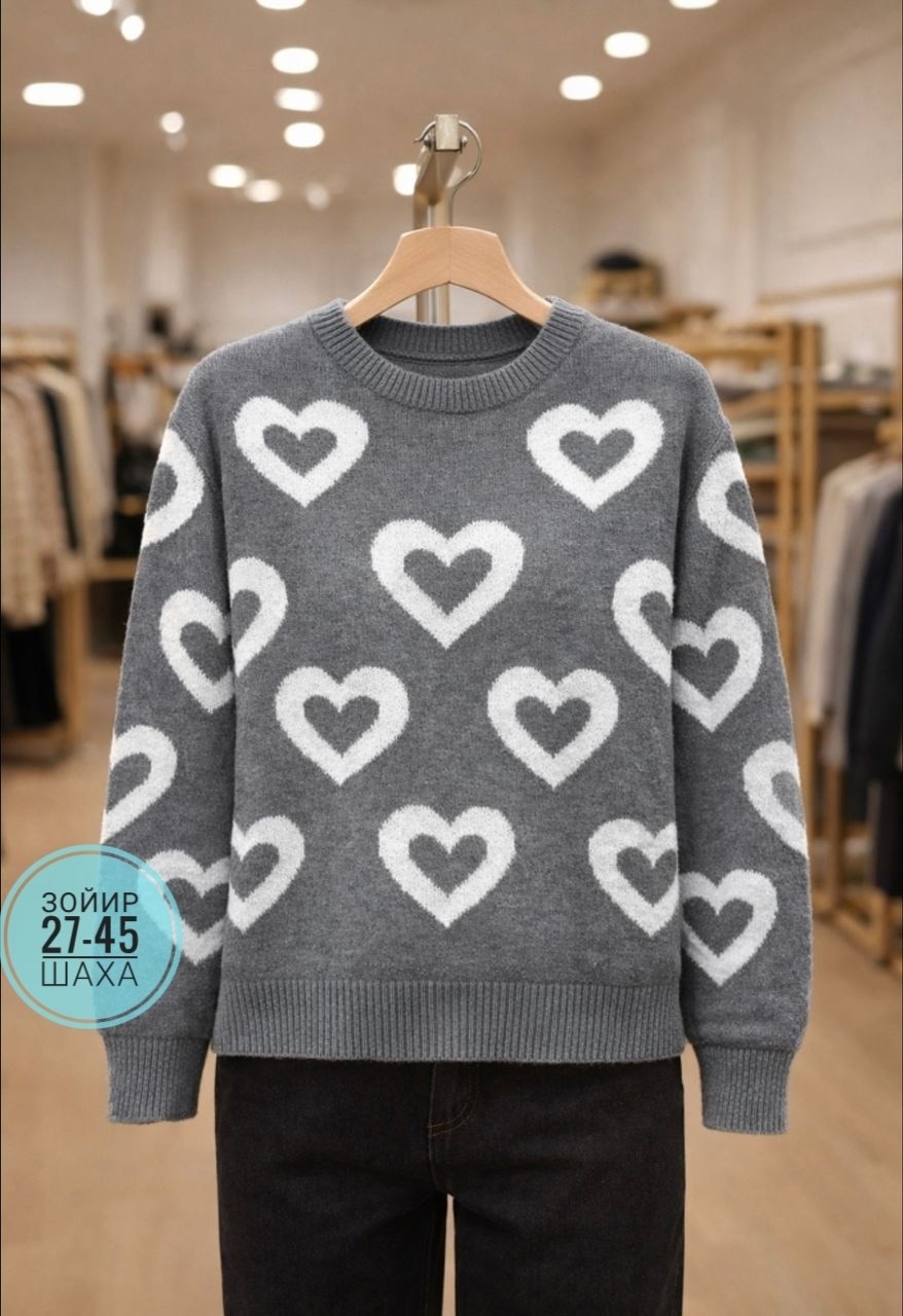свитер теплый с сердечками toptee,женский свитер,вязаные свитера женские,свитер женский модный мир,свитер с сердечками с кашемира свободного кроя