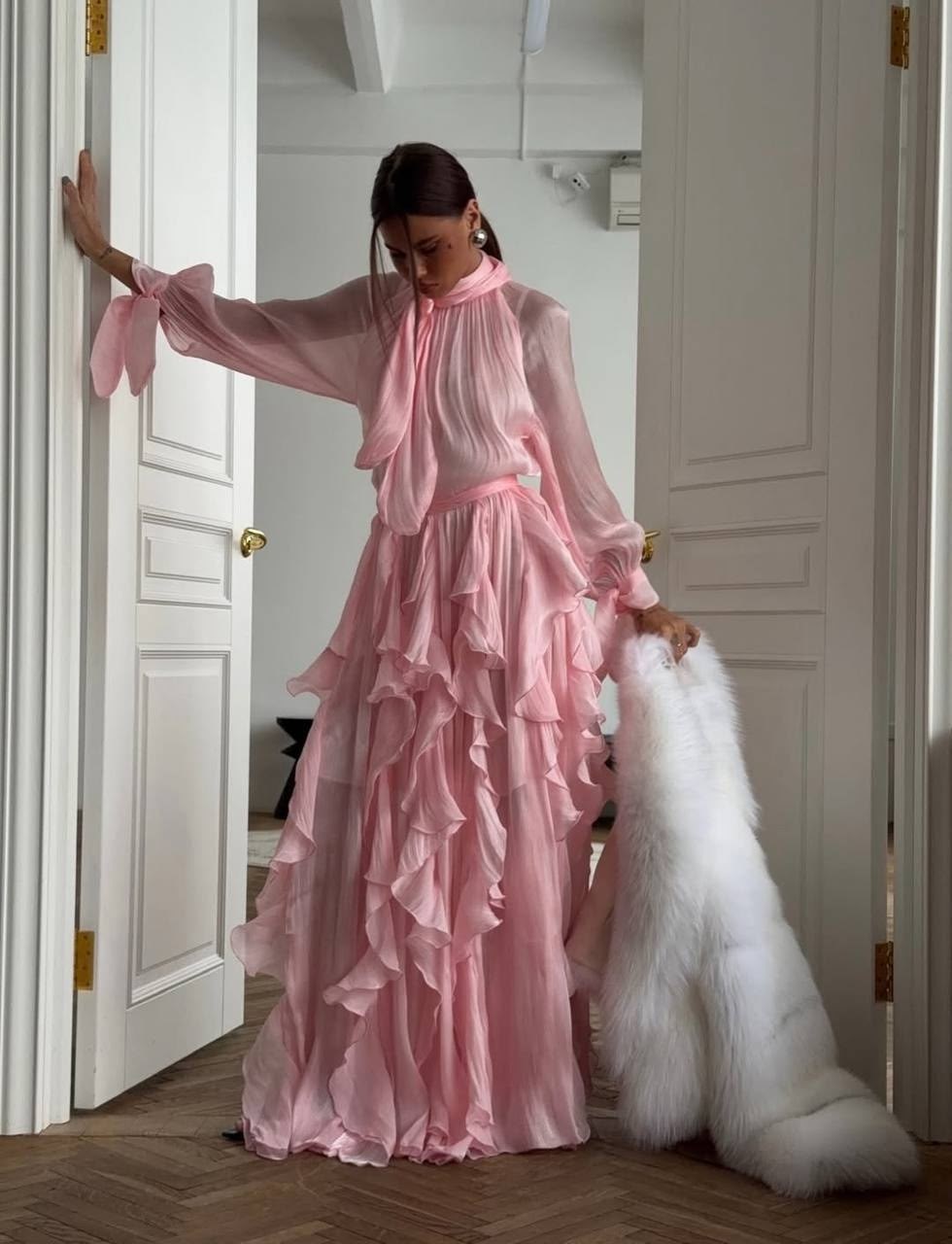 женское шифоновое платье,платье с оборками,женские длинные платья,платье с рюшами,шифоновое платье