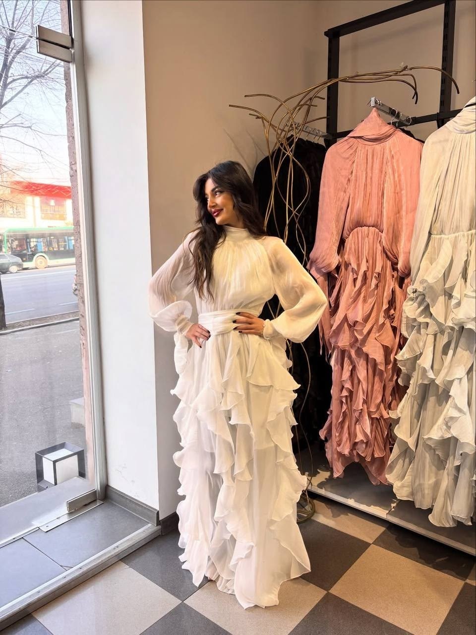 женское шифоновое платье,платье с оборками,женские длинные платья,платье с рюшами,шифоновое платье