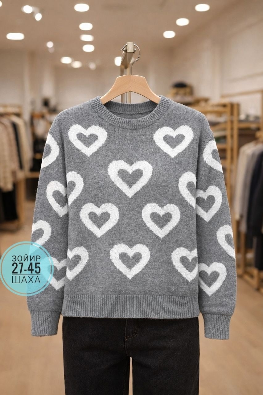 свитер теплый с сердечками toptee,женский свитер,вязаные свитера женские,свитер женский модный мир,свитер с сердечками с кашемира свободного кроя