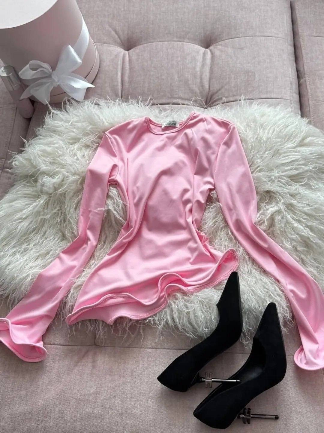 женская кофта,женский укороченный топ с круглым вырезом и расклешенными рукавами,лонгслив красный,женский топ с длинным рукавом