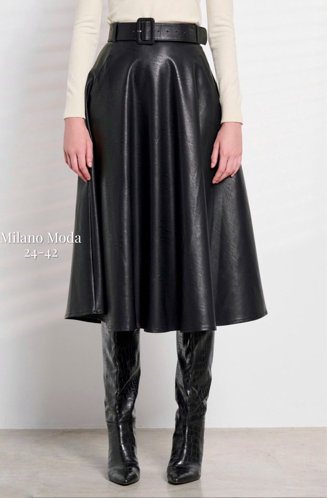 юбка chumakova 24 черный размер 42-52,юбка полусолнце из экокожи с карманами и поясом chumakova fashion,юбка chumakova 24 черный,кожаная юбка,юбка кожаная миди