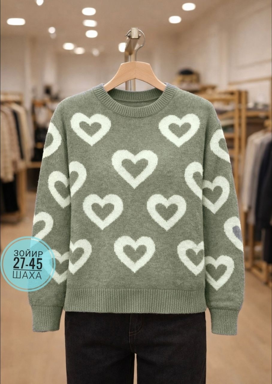 свитер теплый с сердечками toptee,женский свитер,вязаные свитера женские,свитер женский модный мир,свитер с сердечками с кашемира свободного кроя
