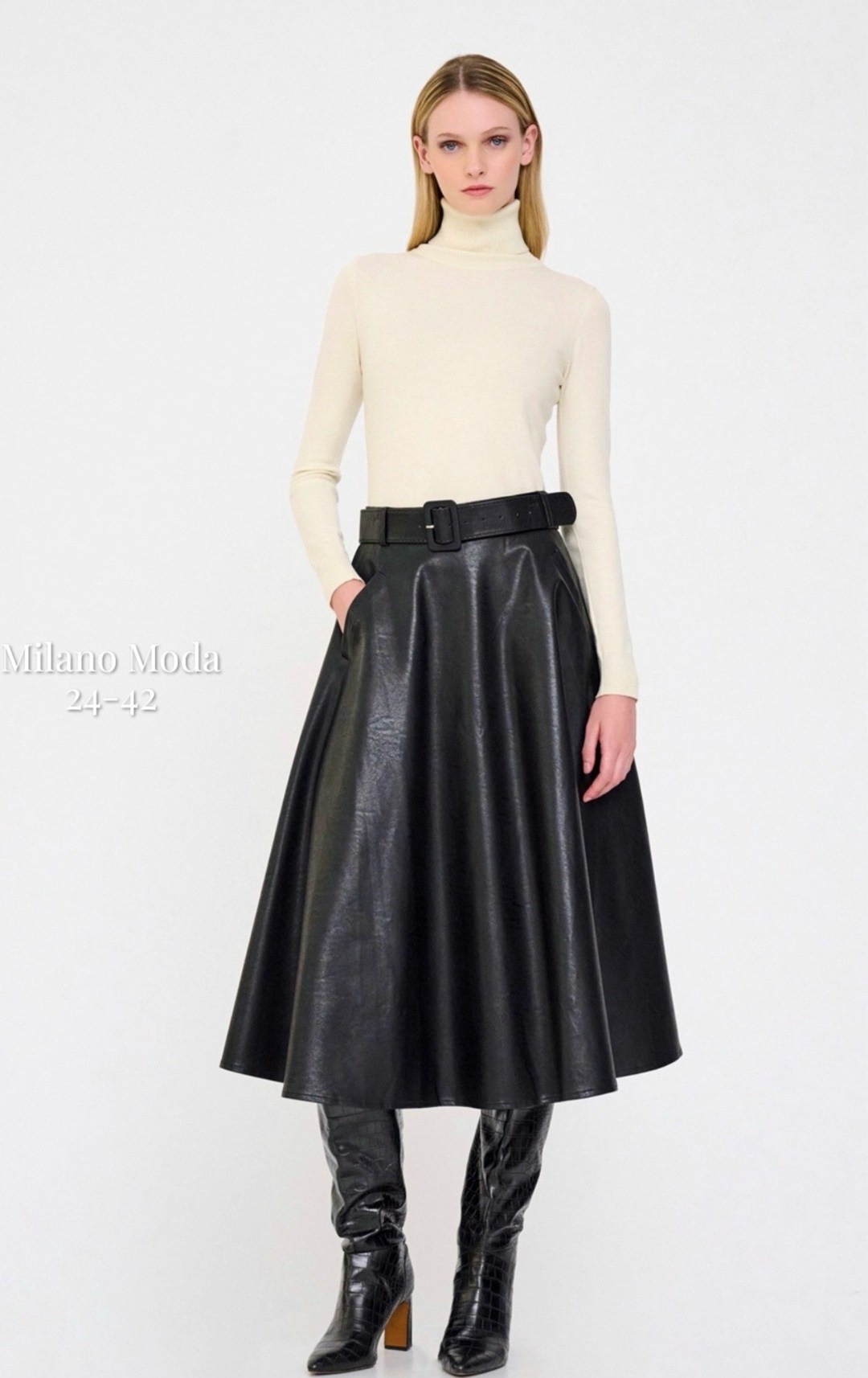 юбка chumakova 24 черный размер 42-52,юбка полусолнце из экокожи с карманами и поясом chumakova fashion,юбка chumakova 24 черный,кожаная юбка,юбка кожаная миди