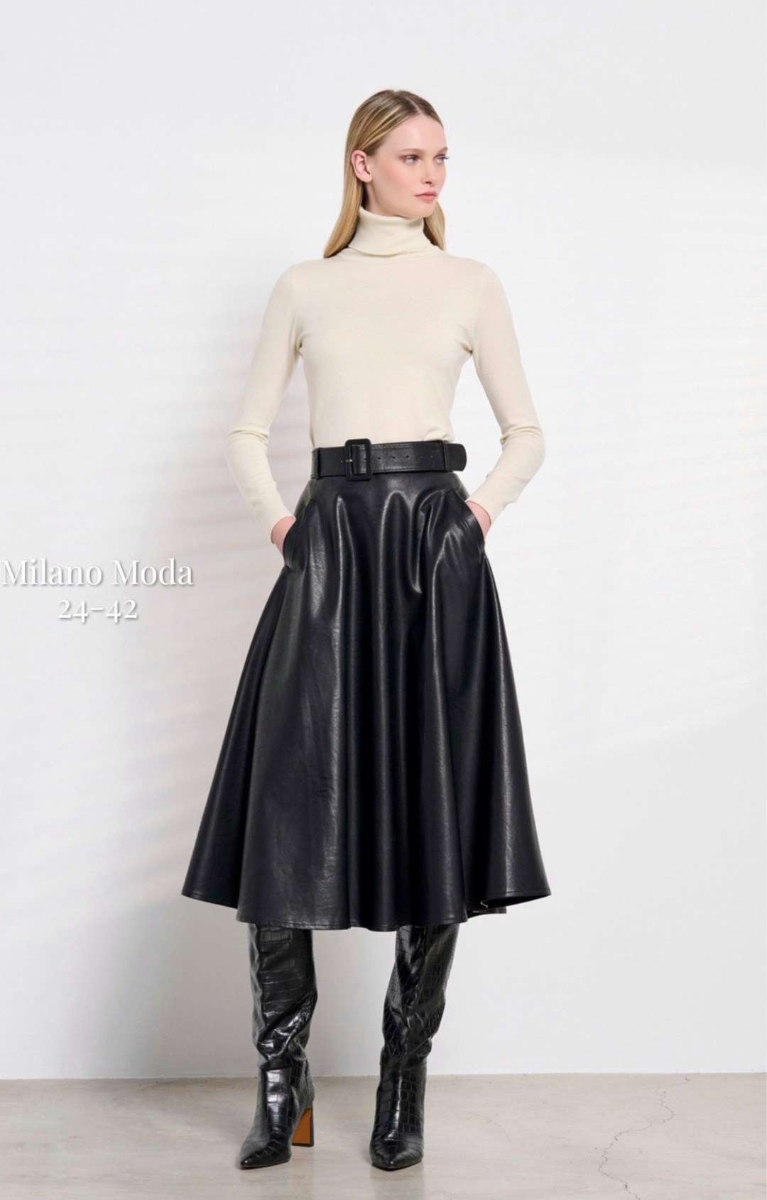 юбка chumakova 24 черный размер 42-52,юбка полусолнце из экокожи с карманами и поясом chumakova fashion,юбка chumakova 24 черный,кожаная юбка,юбка кожаная миди