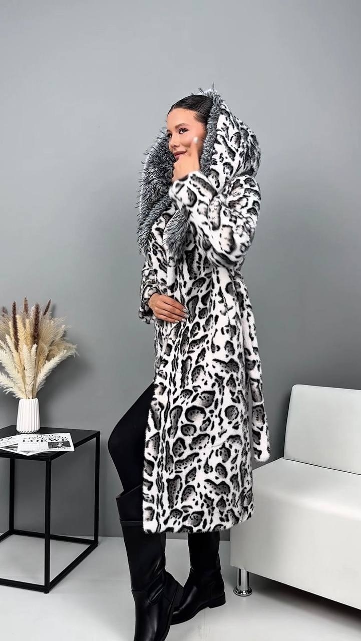 шуба искусственная,шуба из premium эко меха с принтом рысь,шуба леопард,шуба искусственная leoturk леопард,шуба длинная с капюшоном из рыси